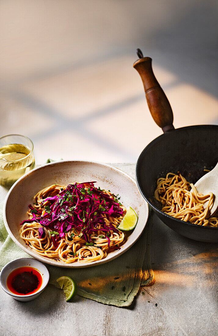 Tahini noodles with red cabbage
