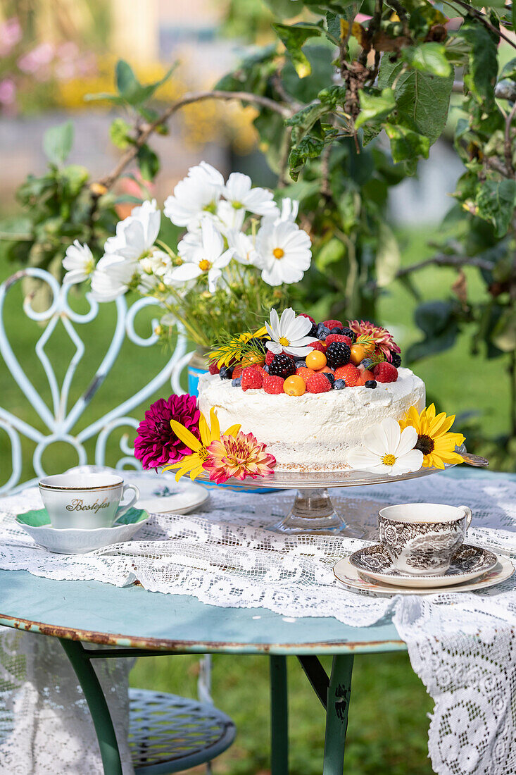 Sponge cream cake with summer berries