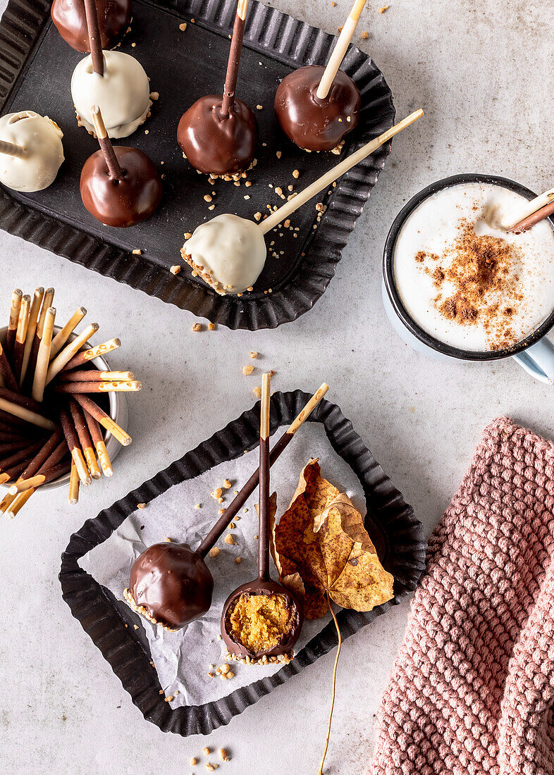 Mikado pumpkin pops with chocolate icing