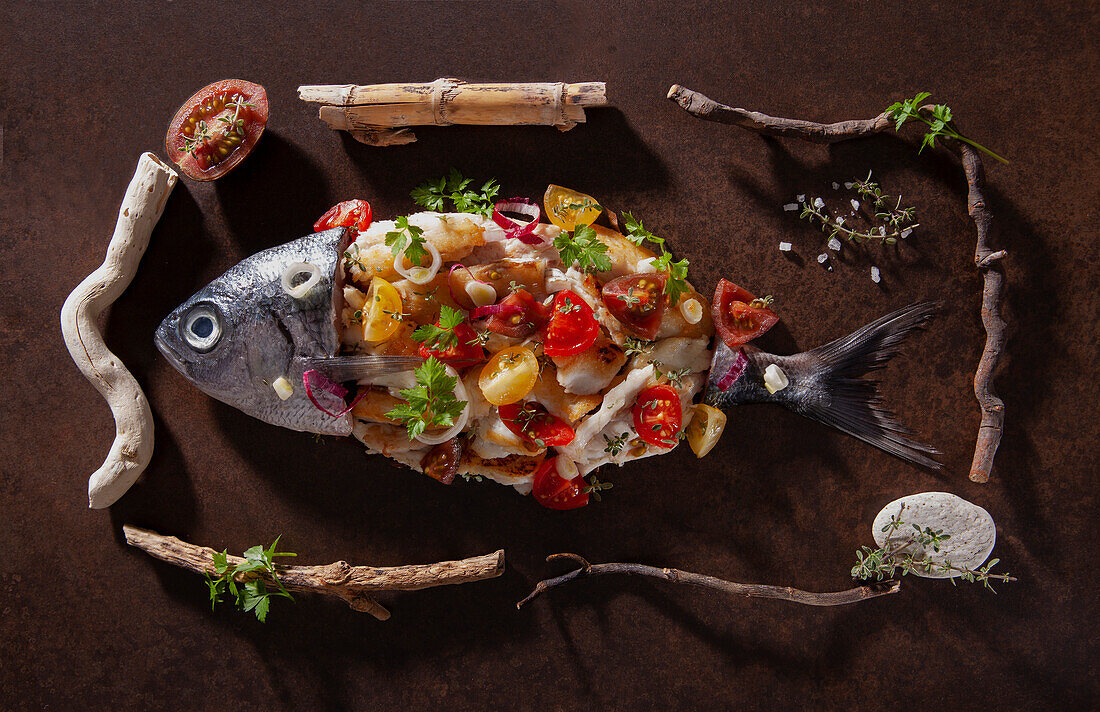 Half raw and half cooked fish with tomatoes, Tropea onions and parsley