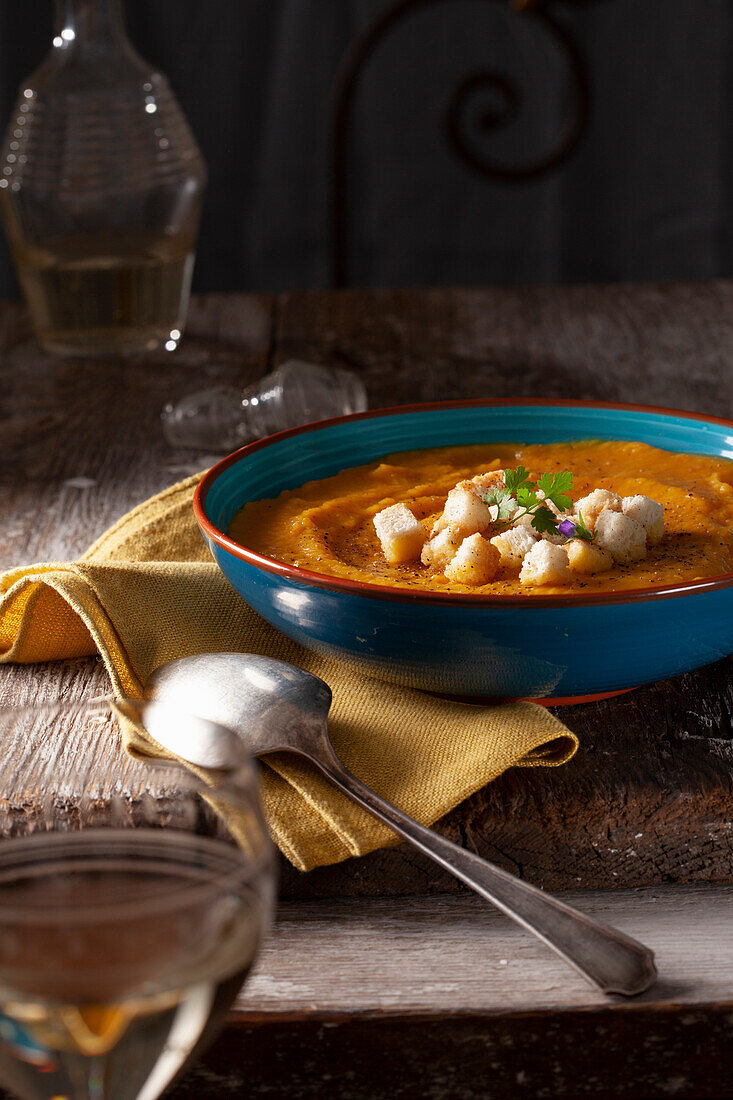 Cream of pumpkin soup with croutons