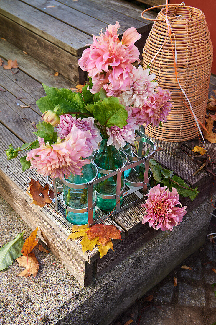 Autumn flowers in bottles