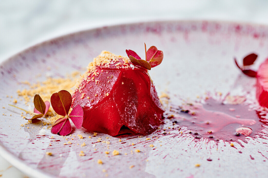 Salmon in beetroot glaze with horseradish and rosemary crumble