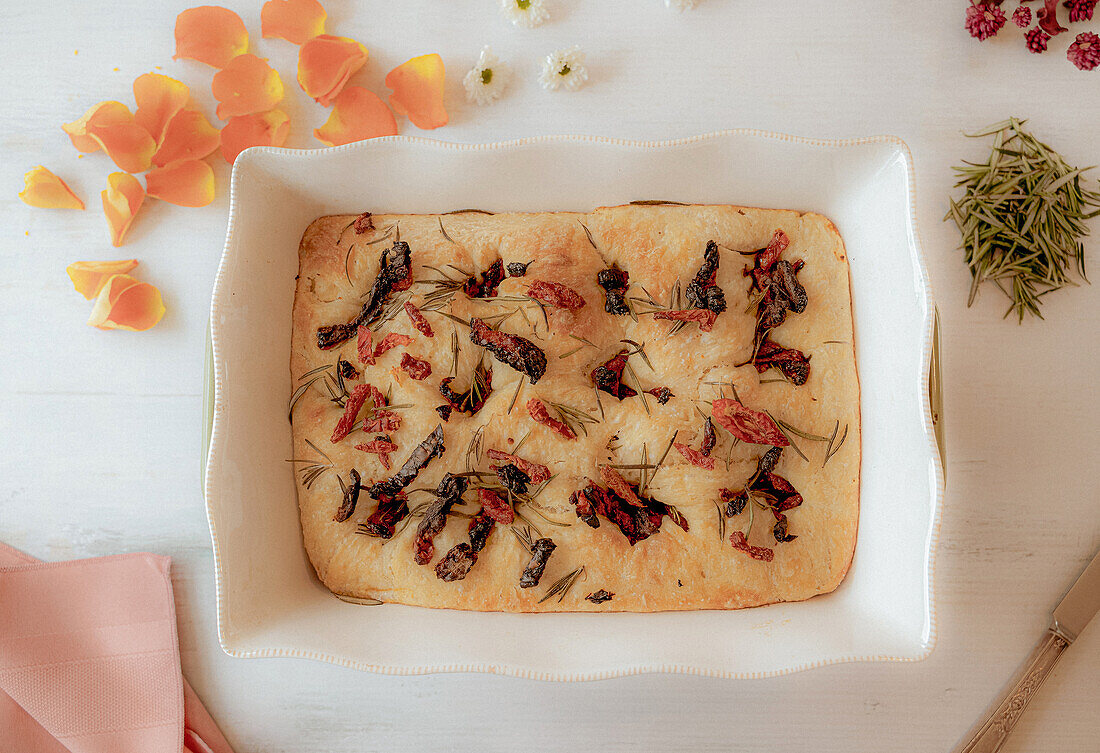 Focaccia with sun-dried tomatoes and herbs