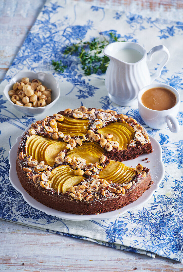 Chocolate cake with pears, cardamom and nuts