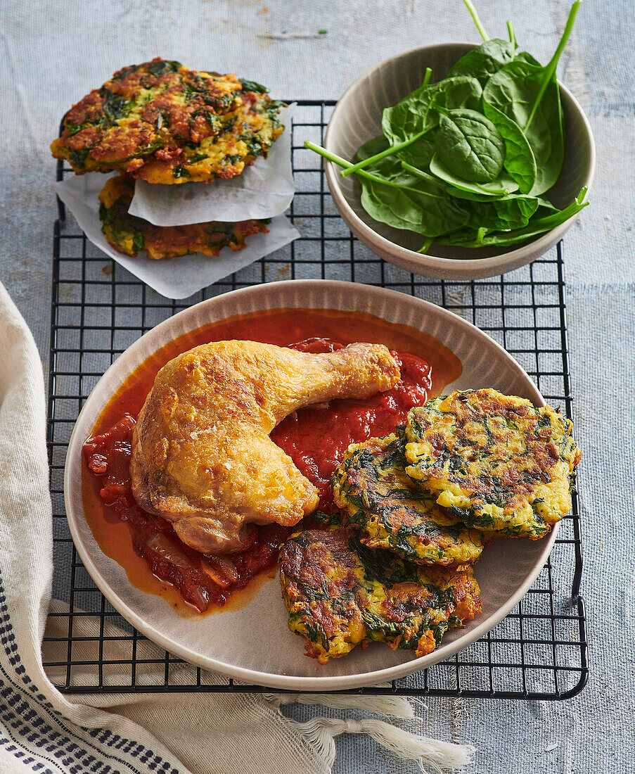 Chicken with tomato sauce and potato and spinach cakes