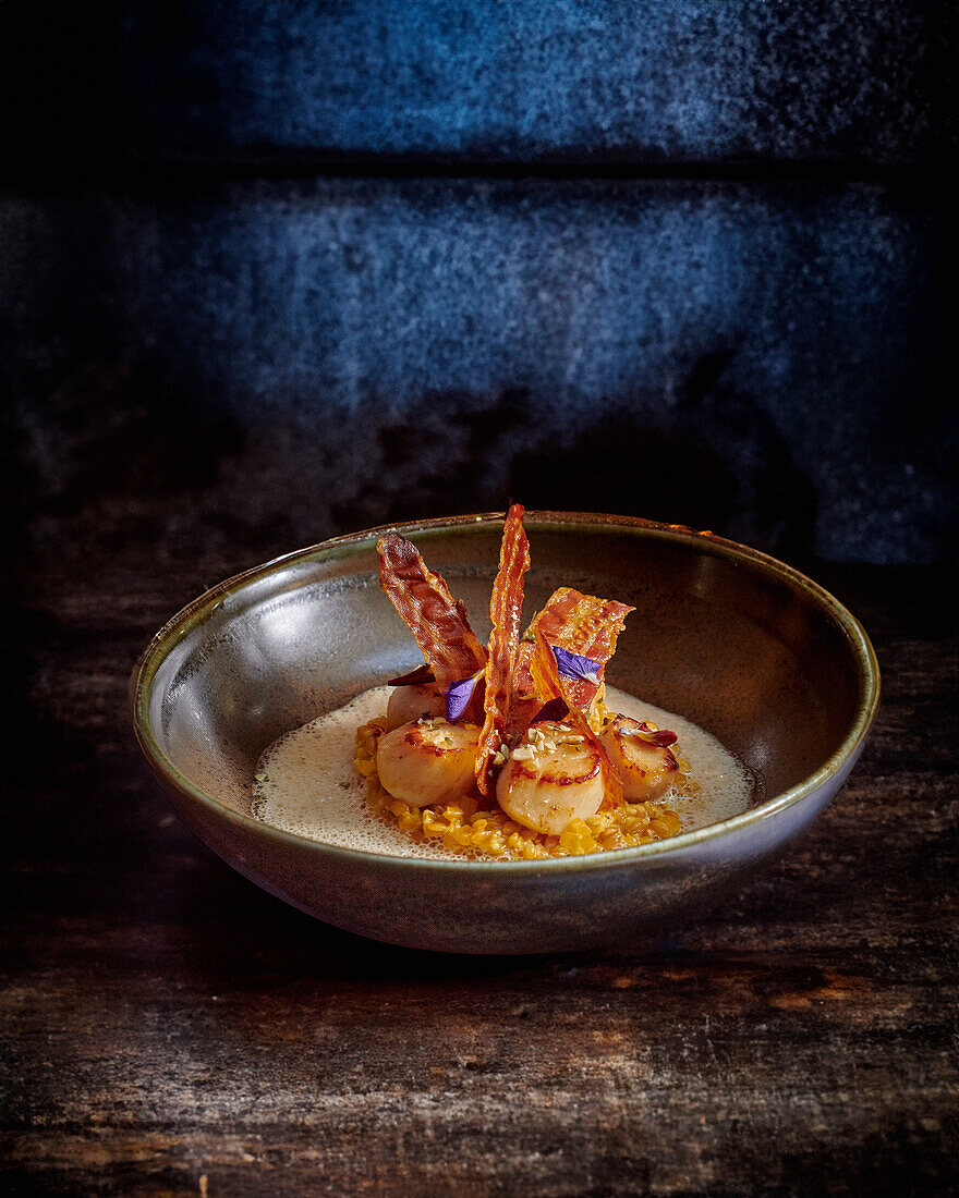 Scallops with spelt risotto, butternut squash and vadouvan emulsion