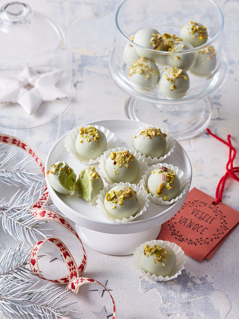 Pistachio and lime truffle with white chocolate glaze