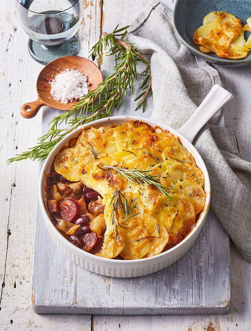 Potato casserole with beef, sausage and cheese