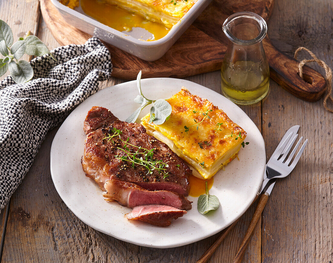 Beef steak with pumpkin and parsnip gratin and thyme