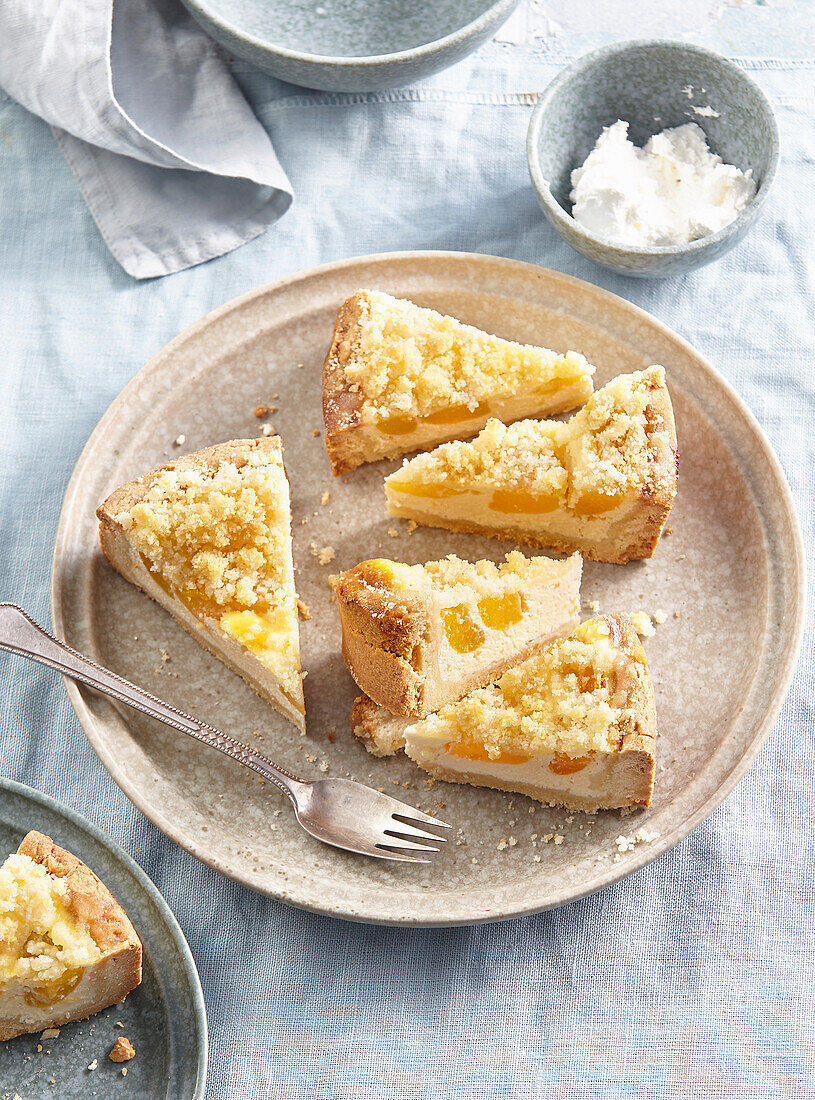 Peach crumble cake with quark and lemon zest