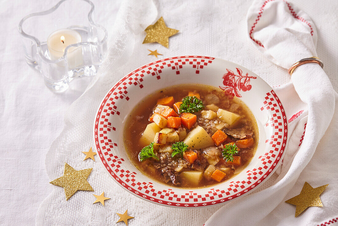 Buckwheat soup with dried mushrooms and vegetables