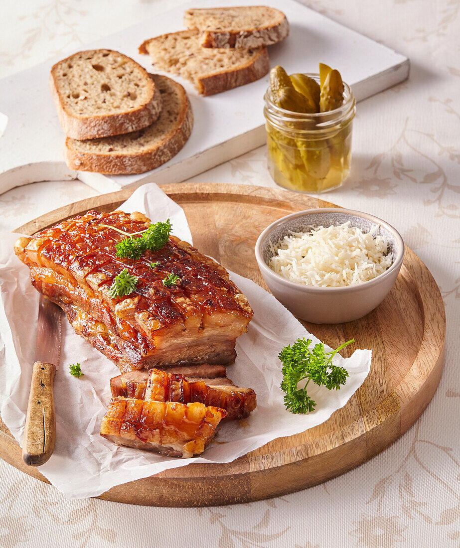 Roast pork breast with honey glaze and chilli sauce