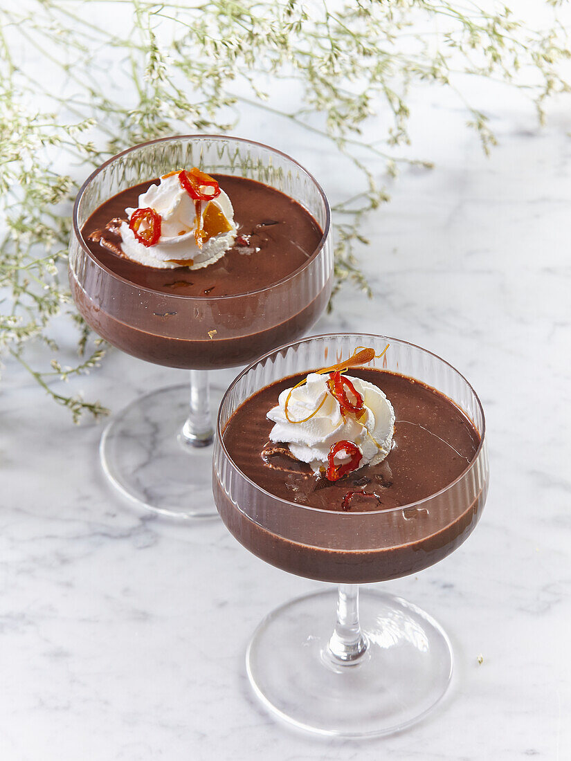 Chocolate liqueur with chilli and whipped cream