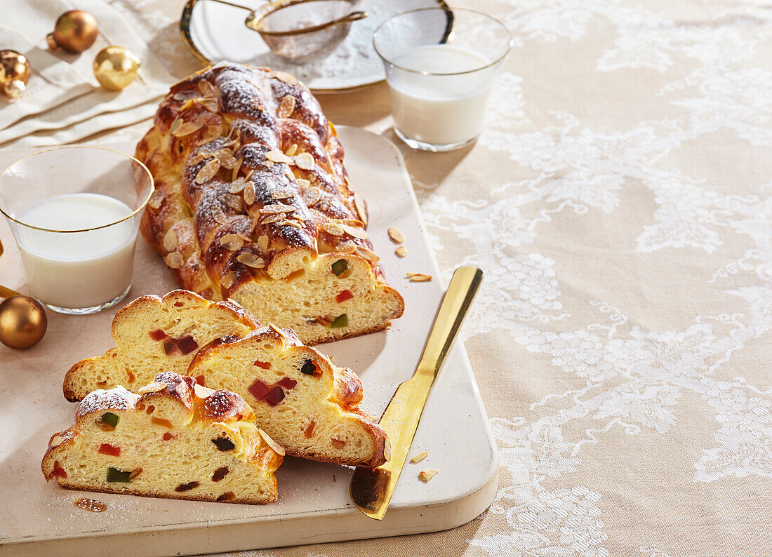 Braided yeast plait with candied fruit and sultanas