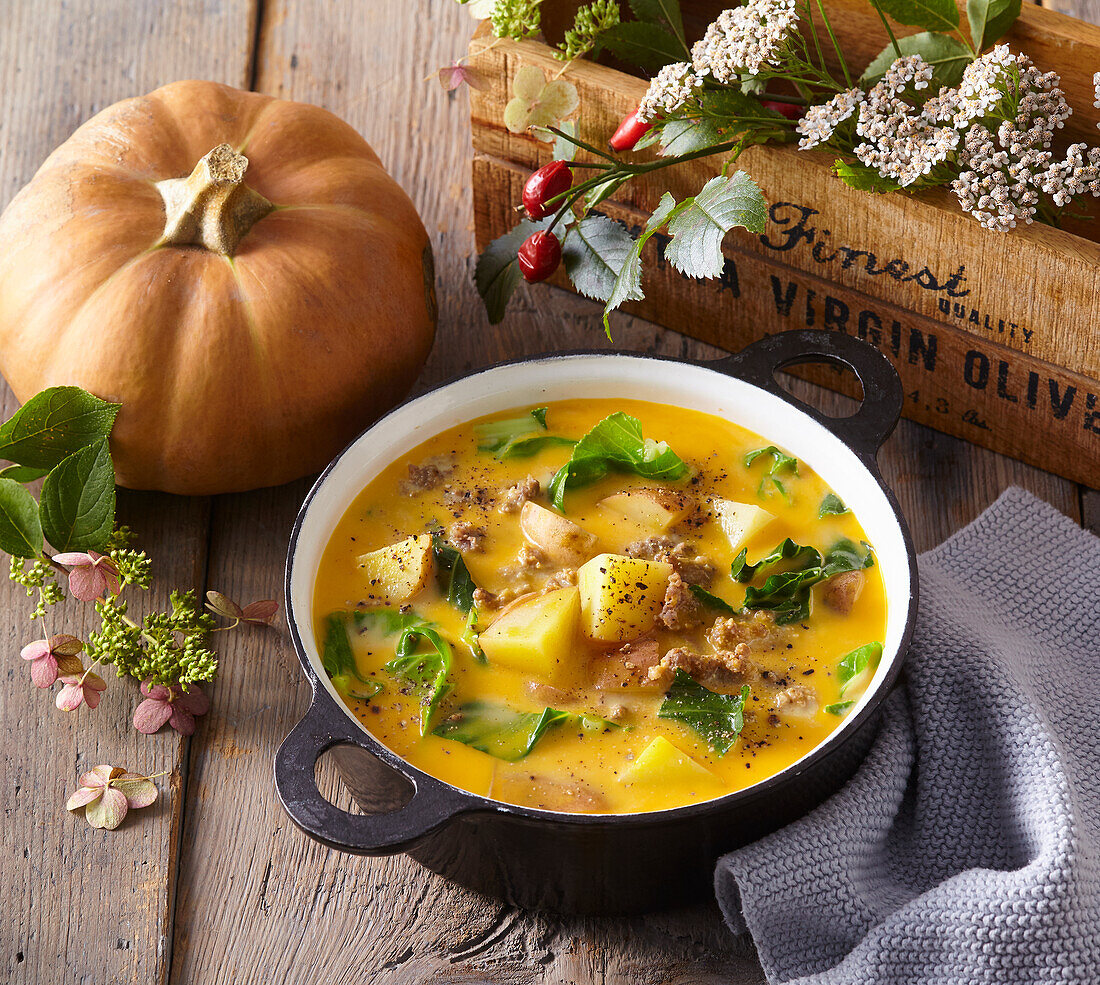 Tuscan-style pumpkin soup with potatoes and salsiccia