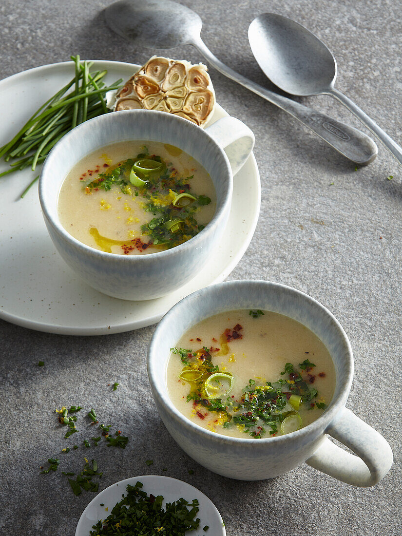 Potato and leek soup with parsnip and fresh herbs