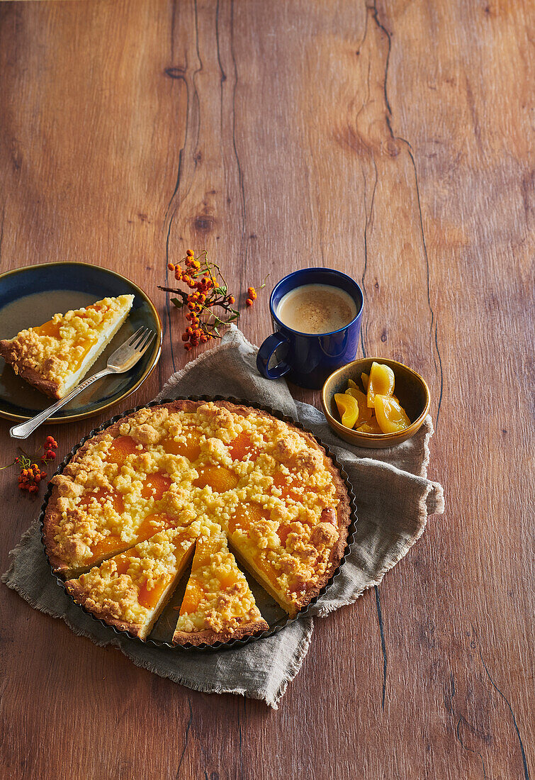 Potato cake with apricots and crumble