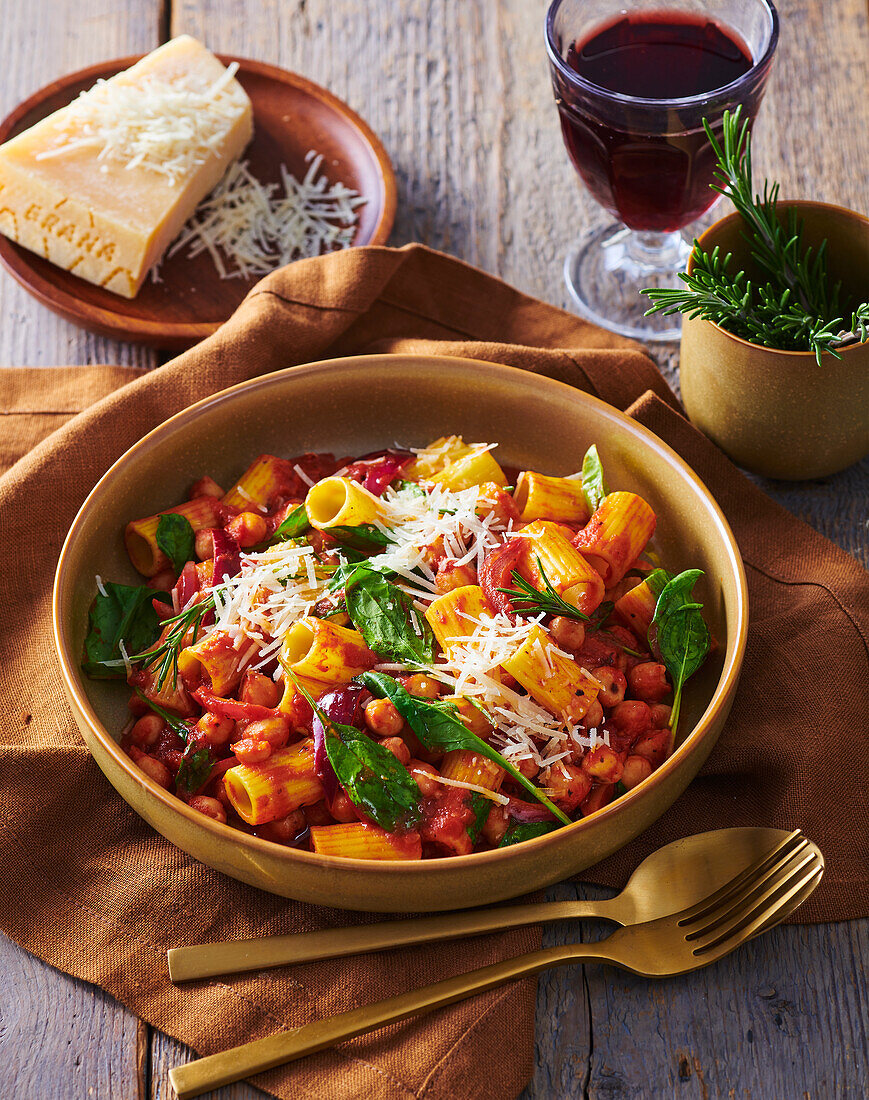 Pasta mit Kichererbsen, Spinat und Pecorino-Käse