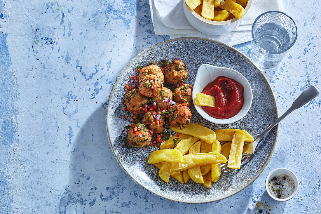 Frikadellen mit Kapern, Pommes frites und Ketchup