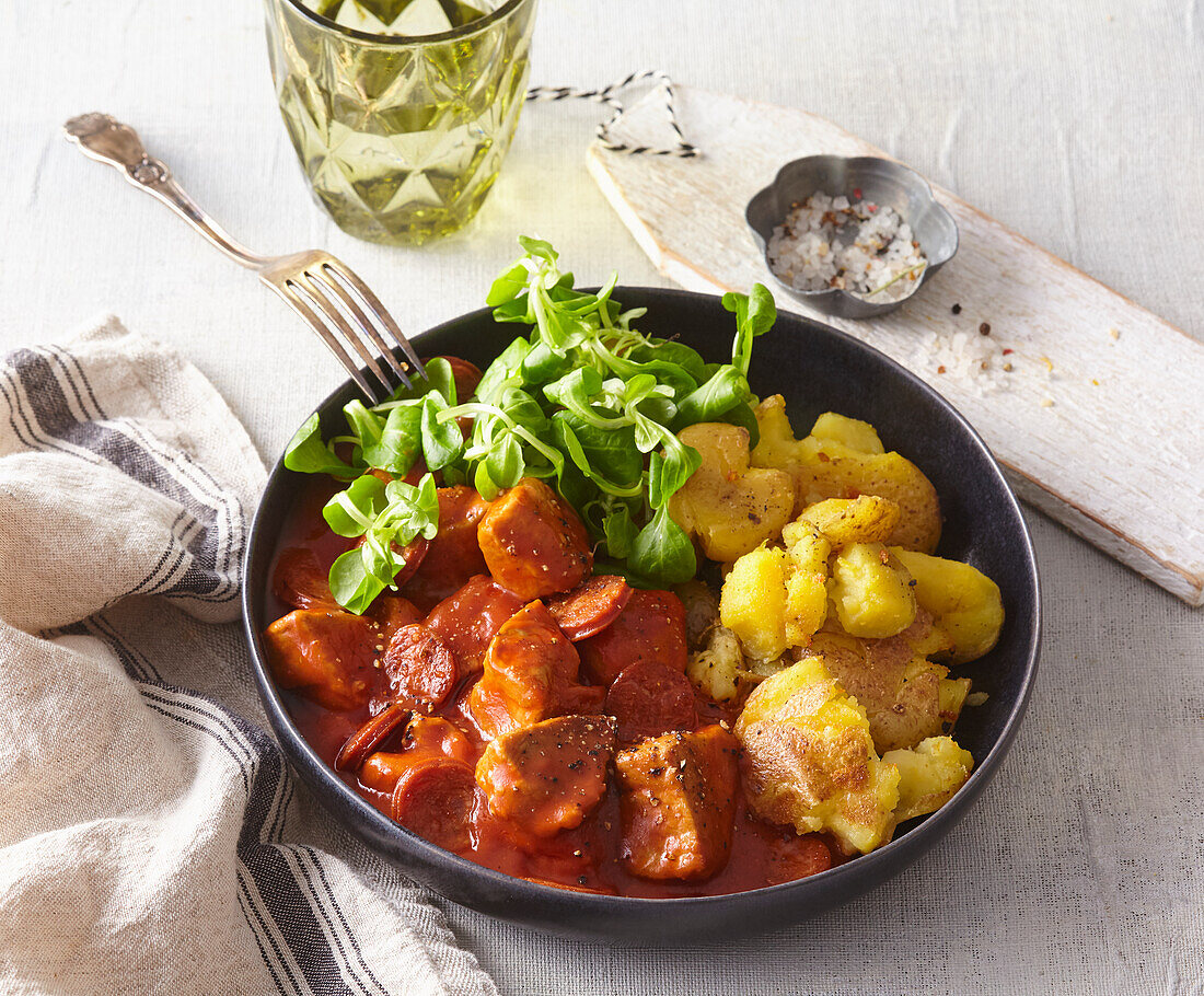 Schmorgericht mit Schweinefleisch, Chorizo und Kartoffeln