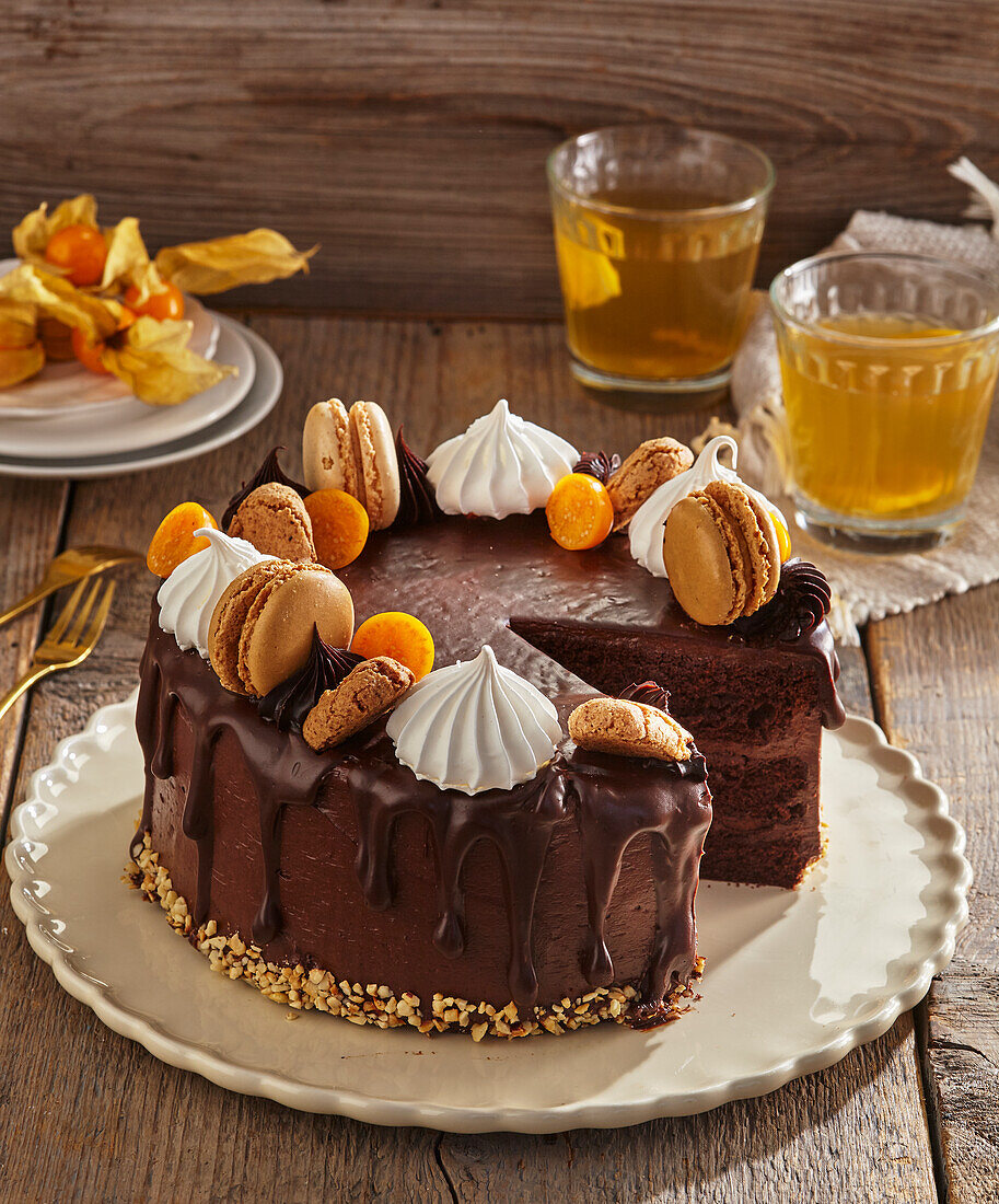 Chocolate cake with macarons and meringue