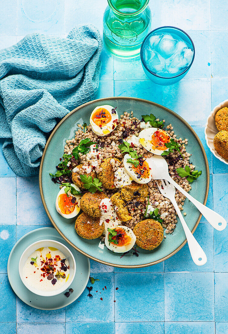 Falafel with buckwheat salad and eggs