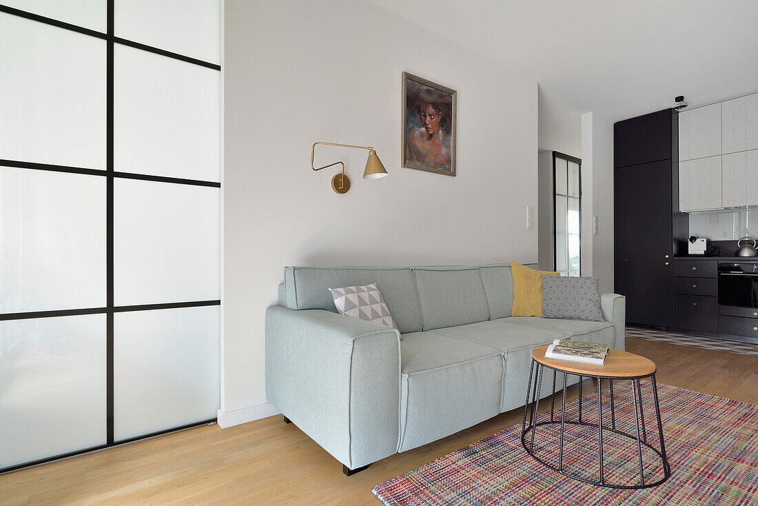 Light grey sofa and patterned carpet with kitchen in the background