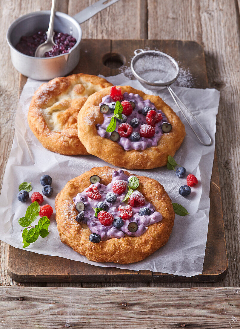 Hungarian lángos with ricotta and fresh berries