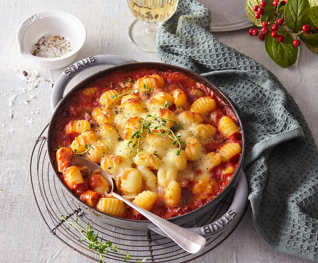 Gnocchi casserole with beef stroganoff and parmesan