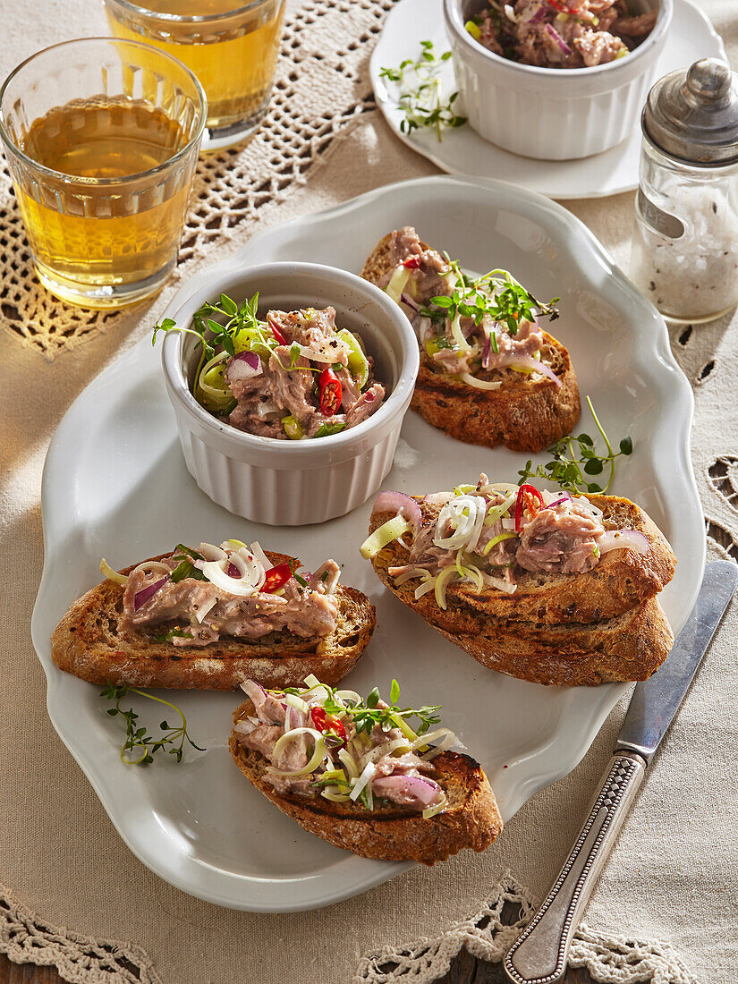 Duck rillettes on bread with onions and herbs