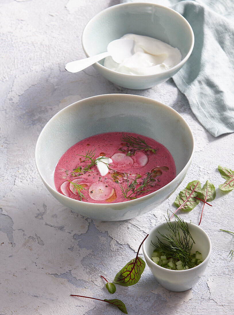 Cold beetroot soup with sour cream and dill