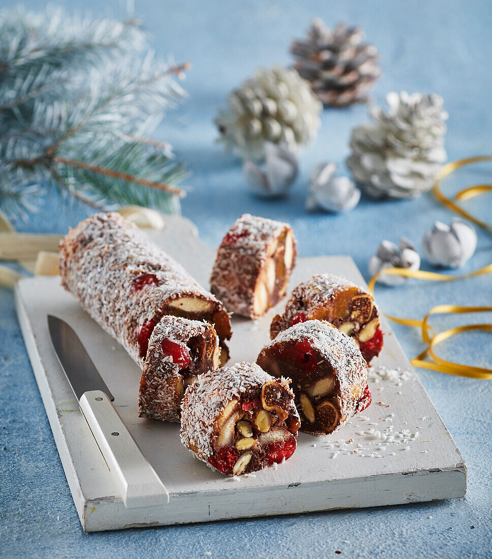 Christmas chocolate 'salami' with rum and dried fruit