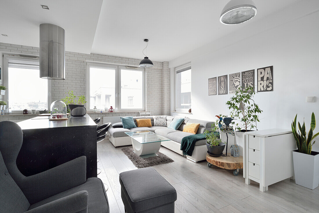 Bright living room with modern furniture open to kitchen island