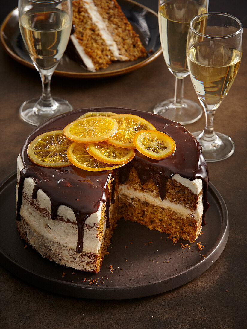 Carrot and orange cake with chocolate icing