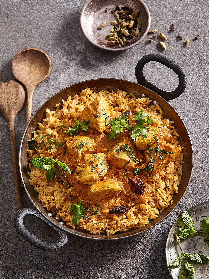 Chicken biryani with saffron, cardamom and garam masala