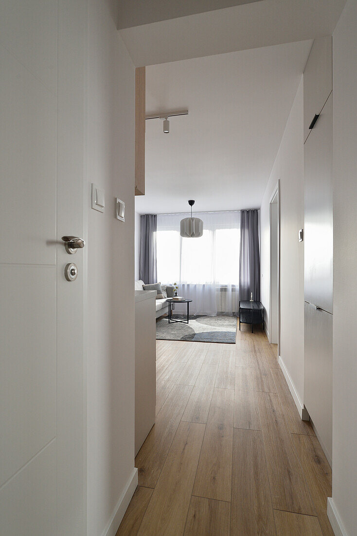 Bright and minimalist flat with wooden floor and grey curtains