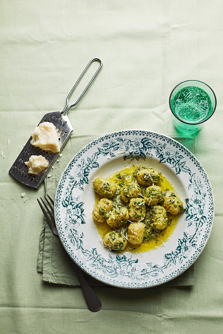 Gnocchi with ricotta, wild garlic and walnut pesto