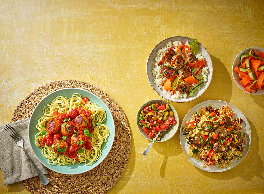 Three dishes with minced meatballs