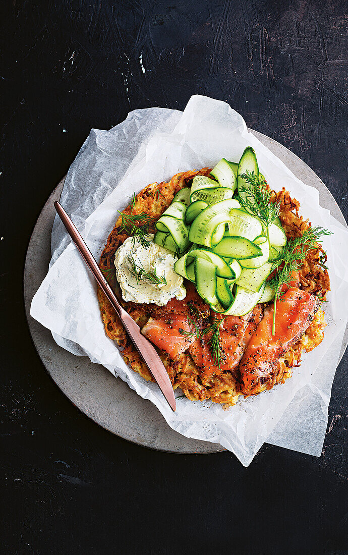 Beetroot and potato rösti with smoked salmon and cucumber