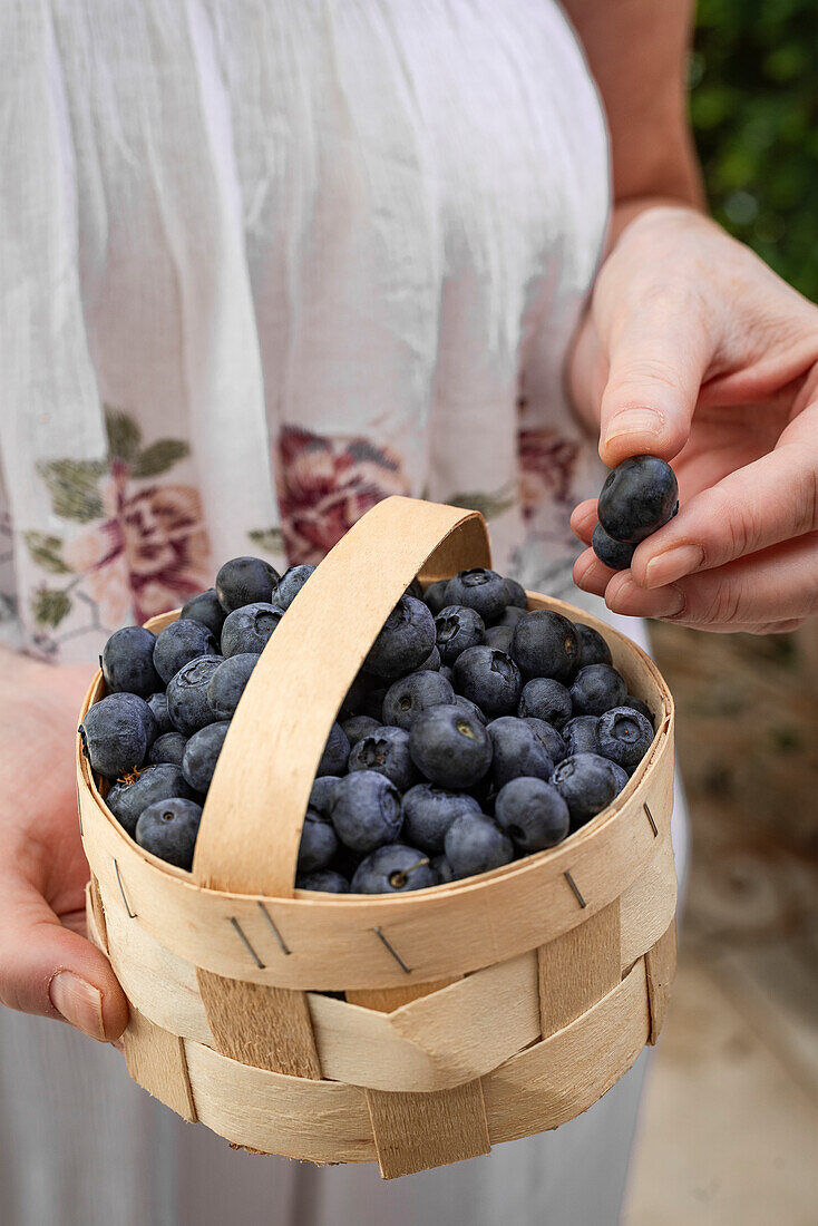 Frau hält Korb mit frischen Blaubeeren