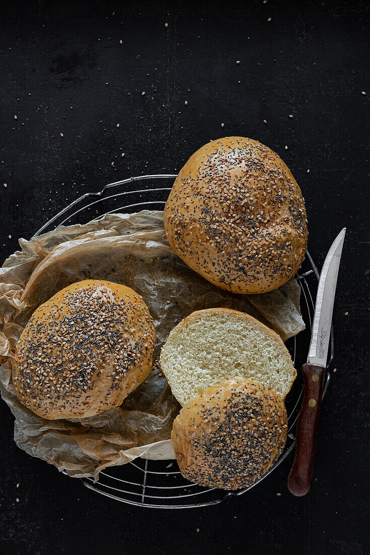Burger buns with poppy seeds and sesame seeds