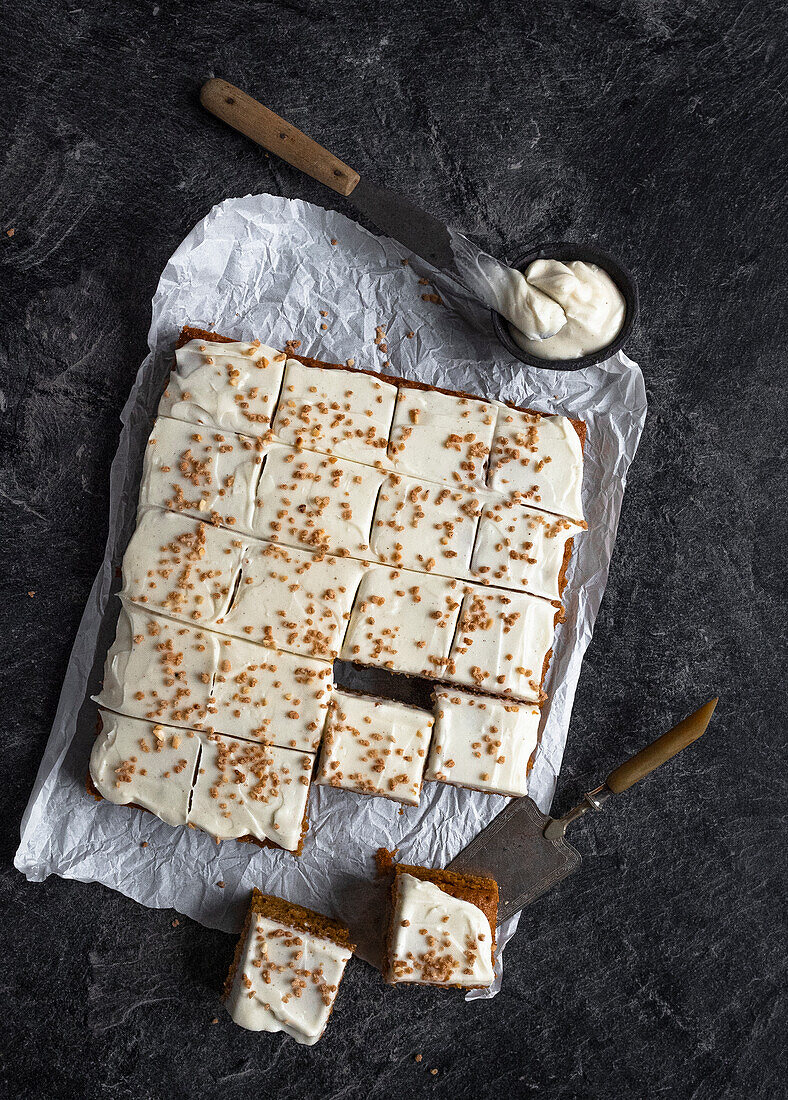 Pumpkin cake with cream cheese frosting and brittle