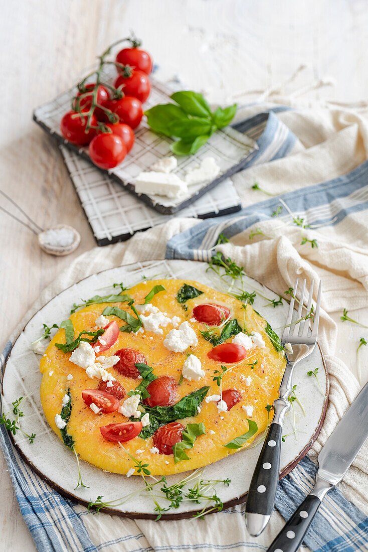 Omelette with tomatoes, feta and herbs