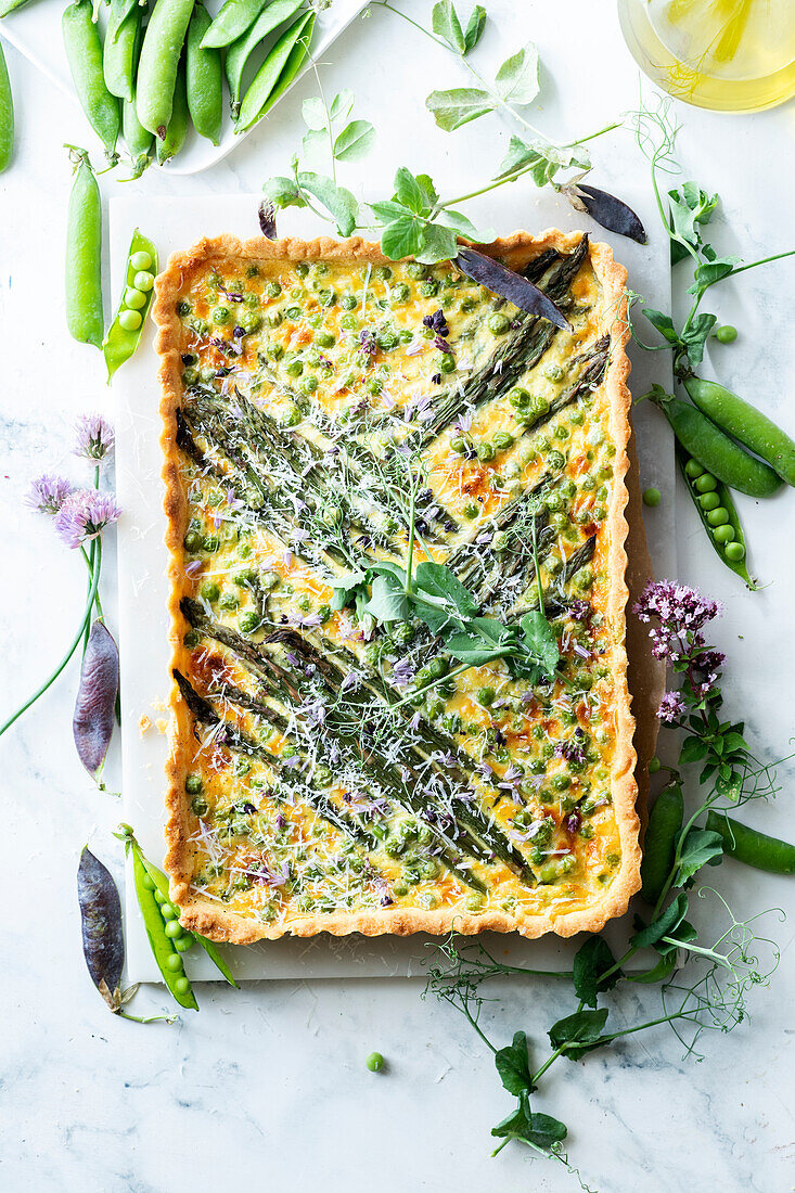 Pea and asparagus cake