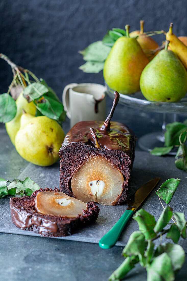 Chocolate cake filled with poached pears