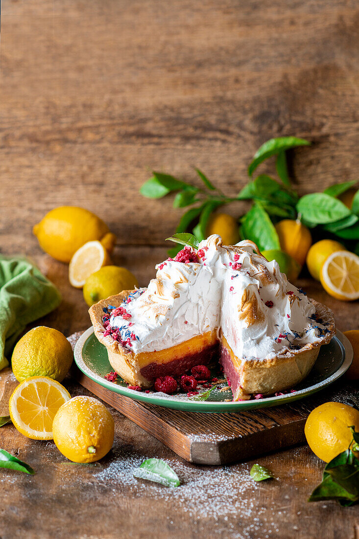 Lemon curd and raspberry dome with meringue