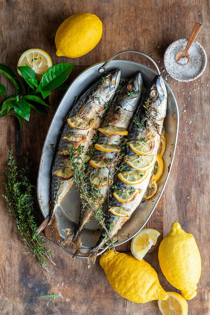 Oven-baked mackerel with lemons and thyme