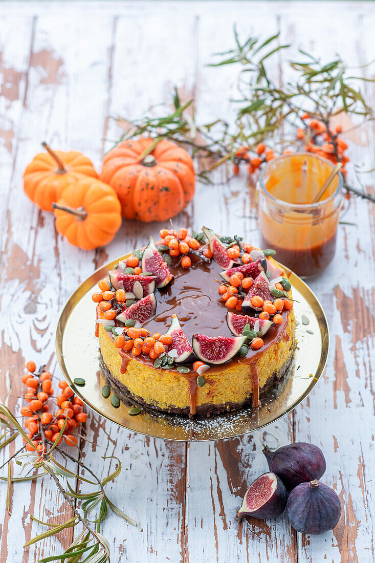 Kürbis-Käsekuchen mit Brownie-Boden und Sanddorn