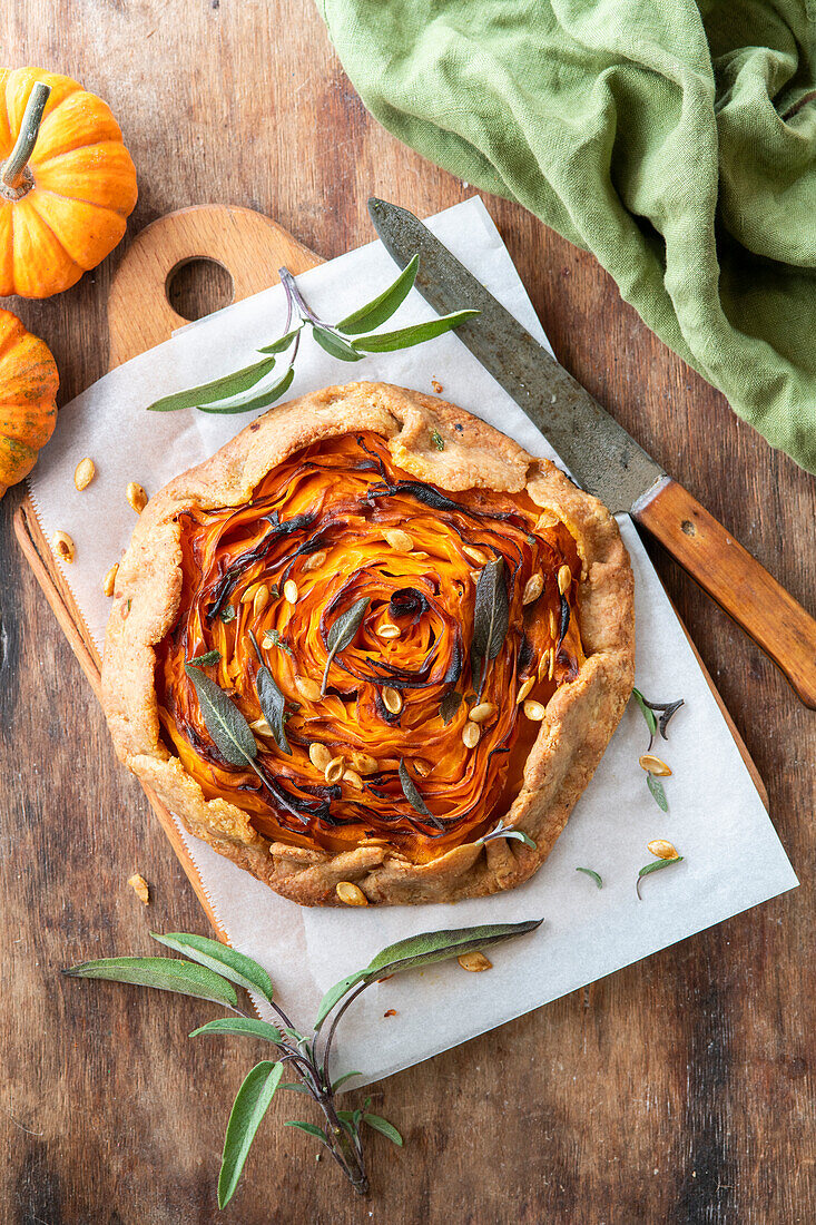 Butternut squash galette with sage leaves and pumpkin seeds